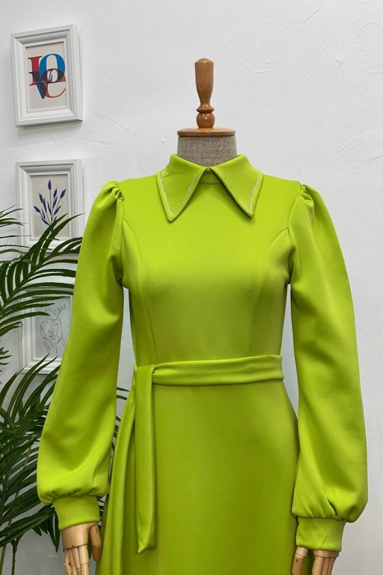 4447 - Taşlı Tesettür Elbise Yeşi̇l-K9