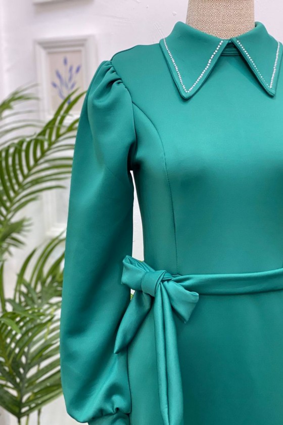 4447 - Taşlı Tesettür Elbise Zümrüt Yeşili-K9