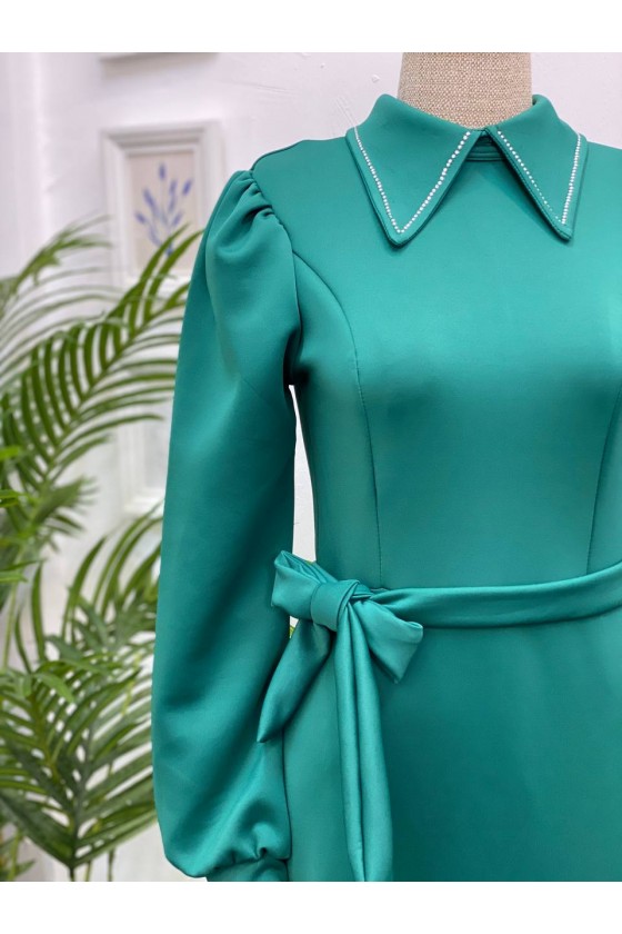 4447 - Taşlı Tesettür Elbise Zümrüt Yeşili-K9