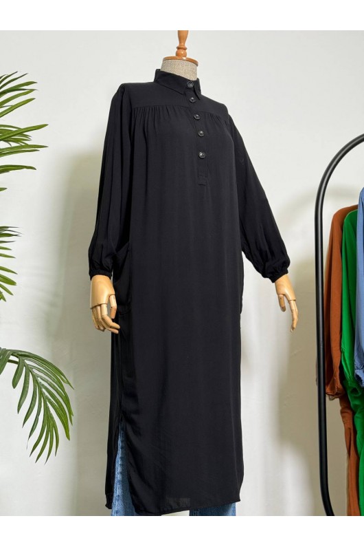 8222 - Yanları Yırtmaç Robalı Tam Boy Tunik Si̇yah-A2 8222 - Yanları Yırtmaç Robalı Tam Boy Tunik Si̇yah-A2