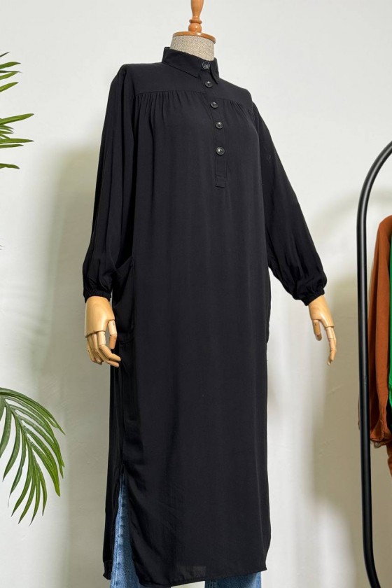 8222 - Yanları Yırtmaç Robalı Tam Boy Tunik Si̇yah-A2