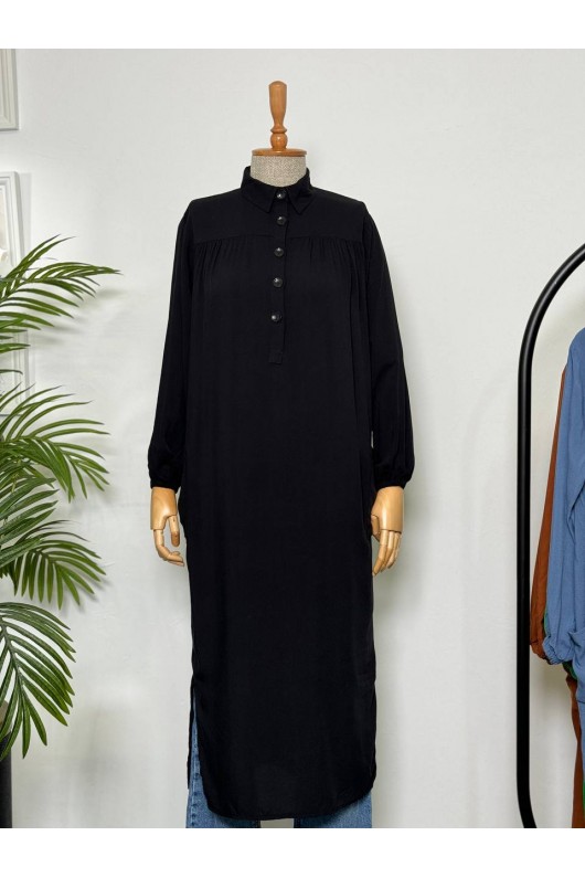 8222 - Yanları Yırtmaç Robalı Tam Boy Tunik Si̇yah-A2 8222 - Yanları Yırtmaç Robalı Tam Boy Tunik Si̇yah-A2