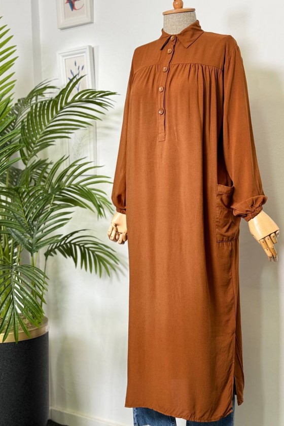 8222 - Yanları Yırtmaç Robalı Tam Boy Tunik Kahverengi̇-A2