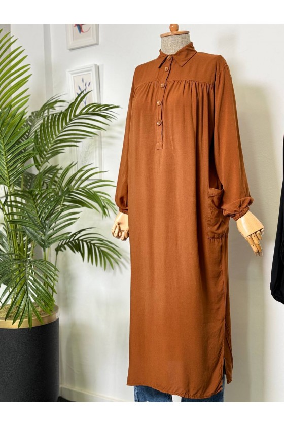 8222 - Yanları Yırtmaç Robalı Tam Boy Tunik Kahverengi̇-A2