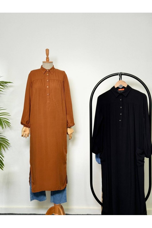 8222 - Yanları Yırtmaç Robalı Tam Boy Tunik Kahverengi̇-A2 8222 - Yanları Yırtmaç Robalı Tam Boy Tunik Kahverengi̇-A2