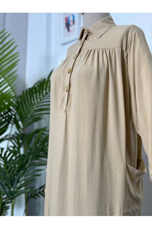 8222 - Yanları Yırtmaç Robalı Tam Boy Tunik Bej-A2 8222 - Yanları Yırtmaç Robalı Tam Boy Tunik Bej-A2