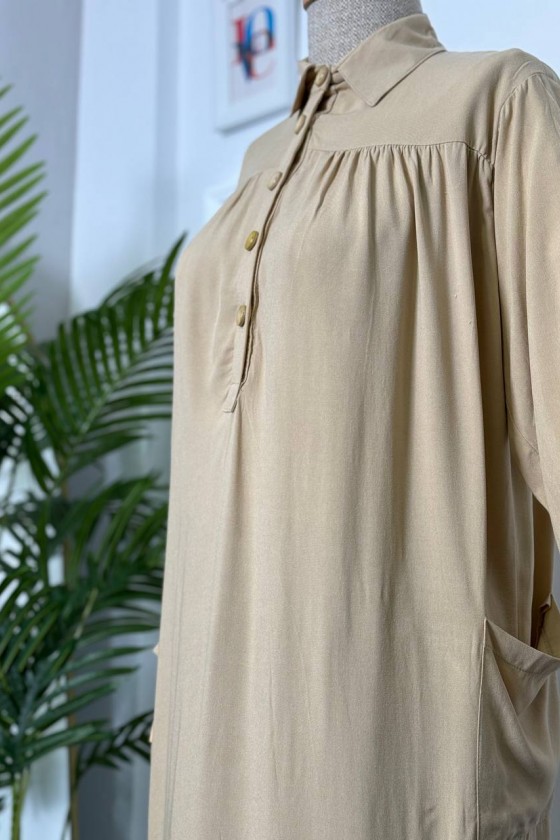 8222 - Yanları Yırtmaç Robalı Tam Boy Tunik Bej-A2