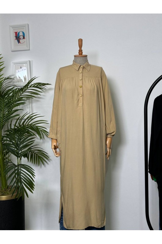 8222 - Yanları Yırtmaç Robalı Tam Boy Tunik Bej-A2 8222 - Yanları Yırtmaç Robalı Tam Boy Tunik Bej-A2