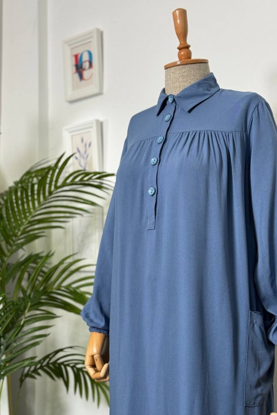 8222 - Yanları Yırtmaç Robalı Tam Boy Tunik Mavi̇-A2