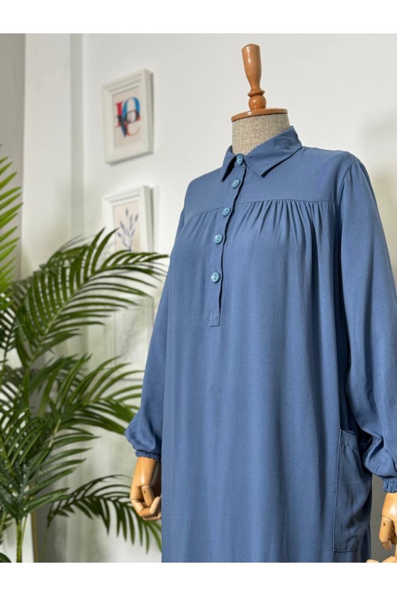 8222 - Yanları Yırtmaç Robalı Tam Boy Tunik Mavi̇-A2