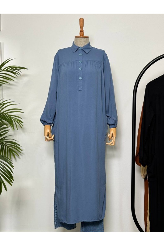 8222 - Yanları Yırtmaç Robalı Tam Boy Tunik Mavi̇-A2 8222 - Yanları Yırtmaç Robalı Tam Boy Tunik Mavi̇-A2