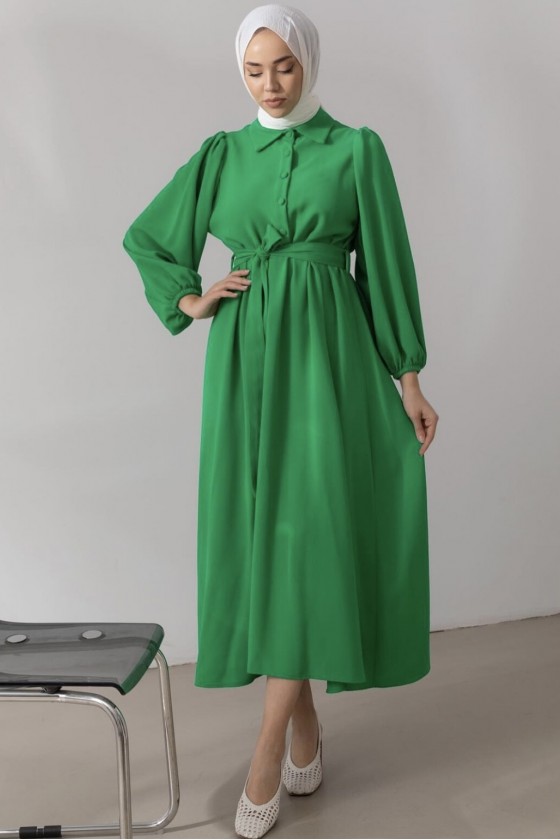 9559-Düğme Detaylı Tesettür Elbise Yeşi̇l-A13