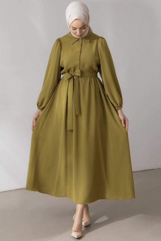 9559-Düğme Detaylı Tesettür Elbise Yağ Yeşili-A13