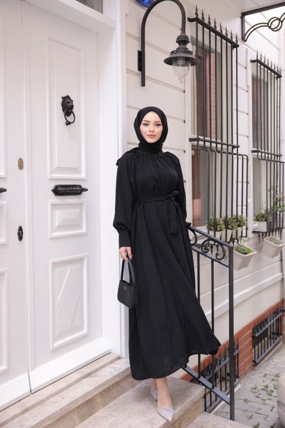 2587 - Kemerli Tesettür Elbise Si̇yah-G2