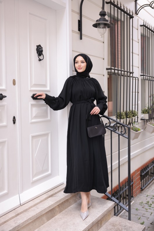 2587 - Kemerli Tesettür Elbise Si̇yah-G2