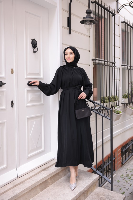 2587 - Kemerli Tesettür Elbise Si̇yah-G2