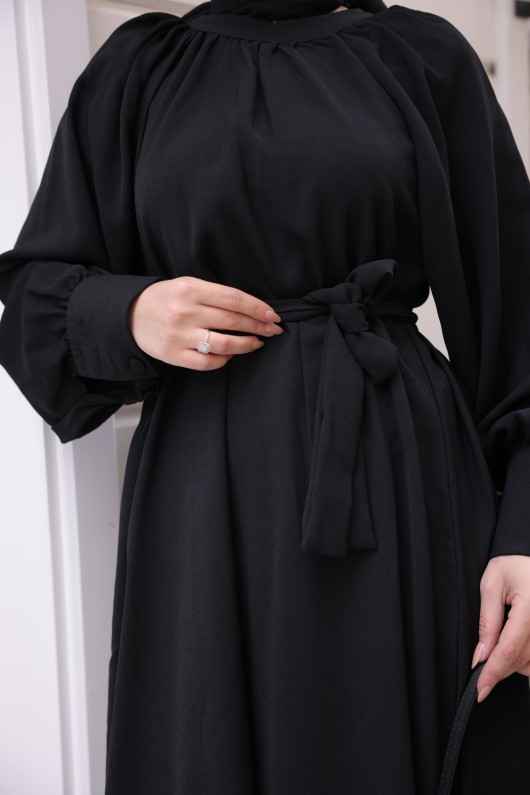 2587 - Kemerli Tesettür Elbise Si̇yah-G2