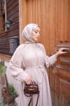 2587 - Kemerli Tesettür Elbise Bej-G2