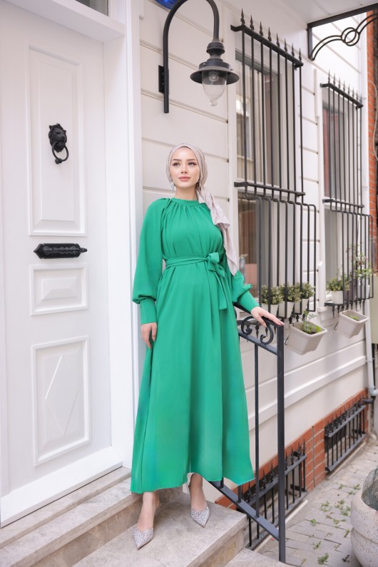 2587 - Kemerli Tesettür Elbise Yeşi̇l-G2
