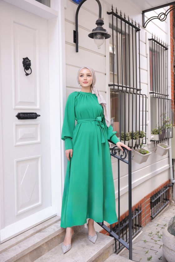 2587 - Kemerli Tesettür Elbise Yeşi̇l-G2
