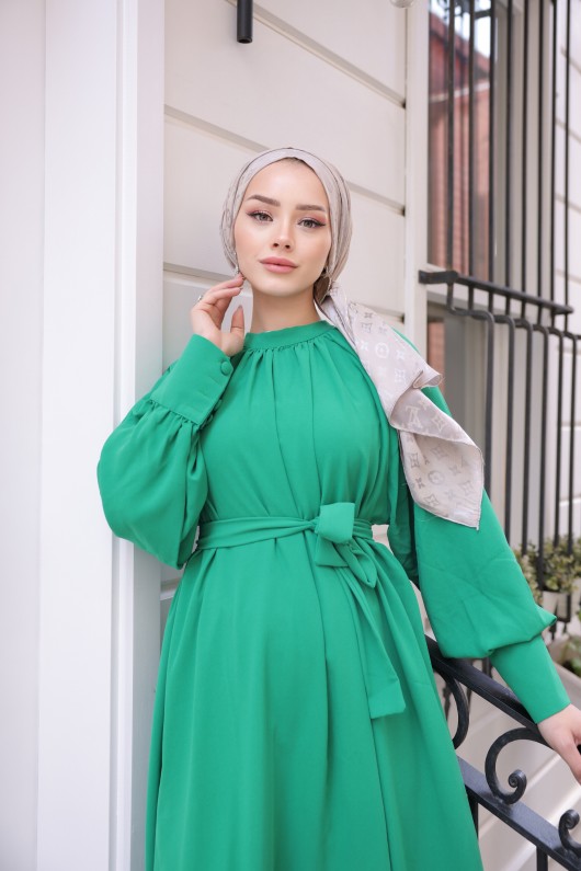 2587 - Kemerli Tesettür Elbise Yeşi̇l-G2