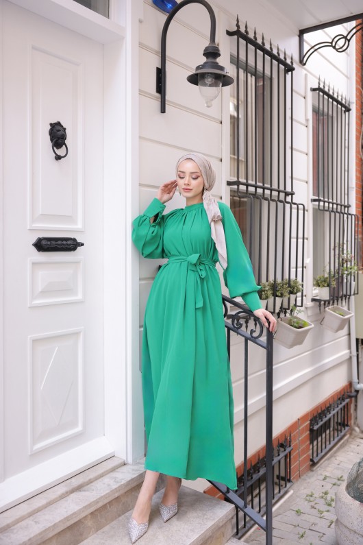 2587 - Kemerli Tesettür Elbise Yeşi̇l-G2