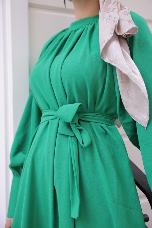 2587 - Kemerli Tesettür Elbise Yeşi̇l-G2