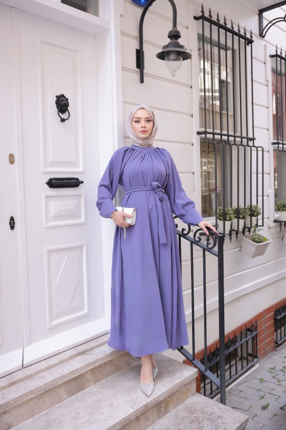 2587 - Kemerli Tesettür Elbise Li̇la-G2
