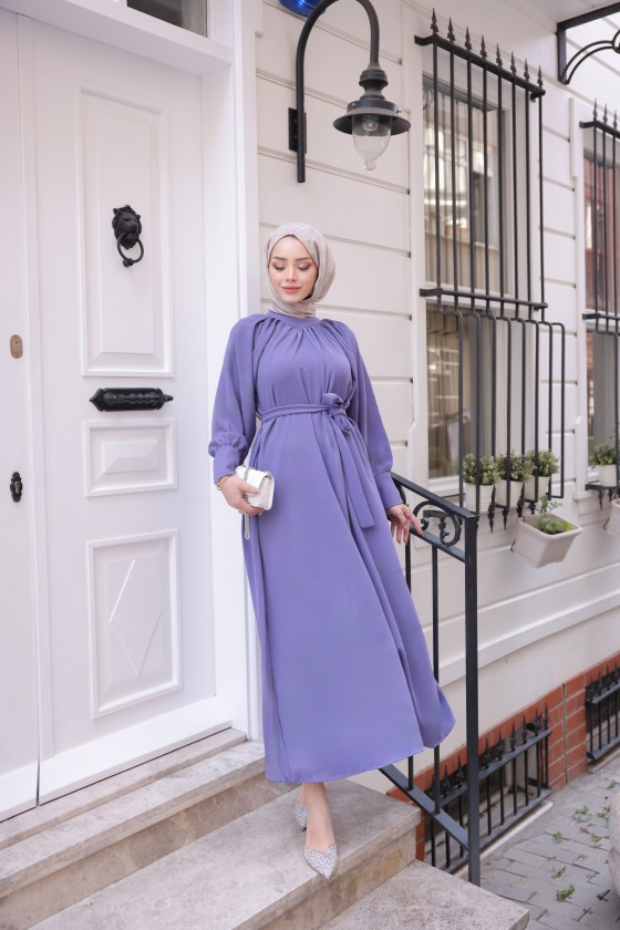 2587 - Kemerli Tesettür Elbise Li̇la-G2
