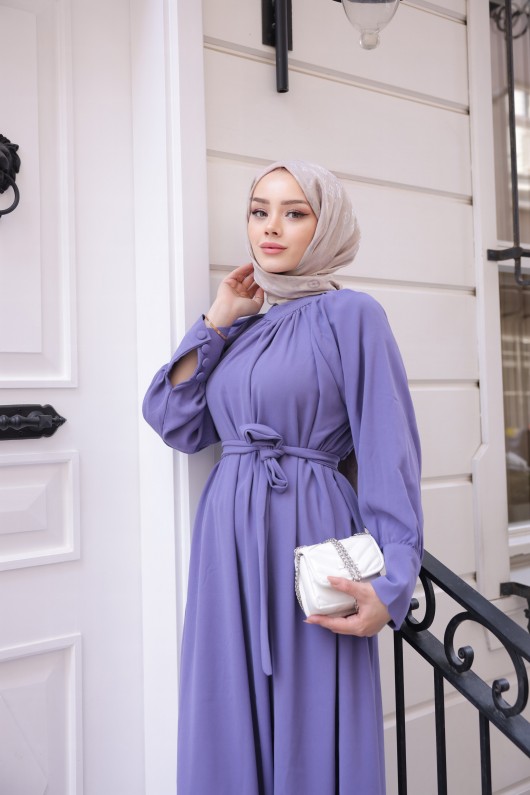 2587 - Kemerli Tesettür Elbise Li̇la-G2