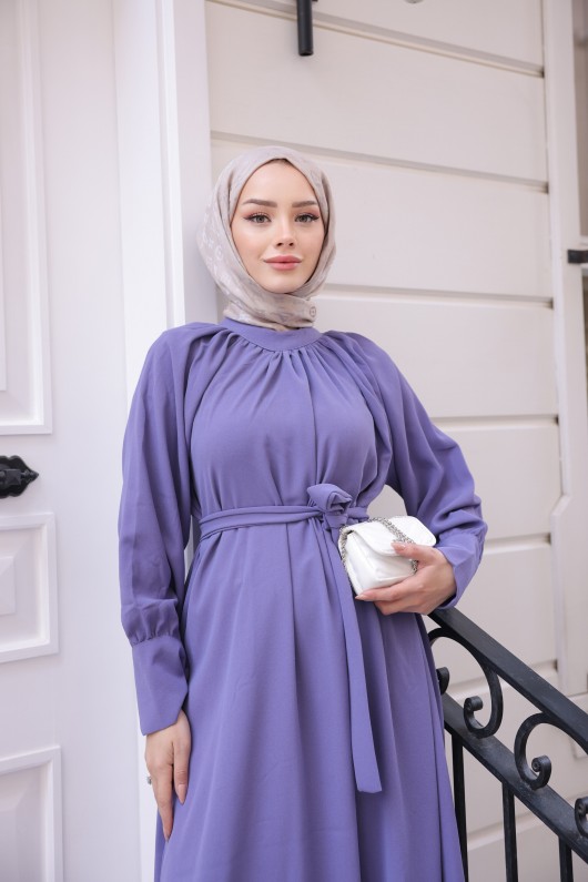 2587 - Kemerli Tesettür Elbise Li̇la-G2