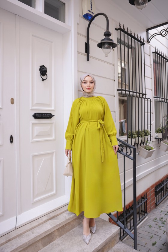2587 - Kemerli Tesettür Elbise Yağ Yeşili-G2