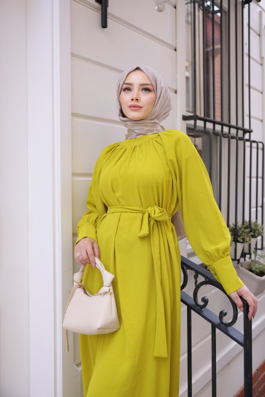 2587 - Kemerli Tesettür Elbise Yağ Yeşili-G2