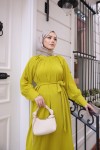 2587 - Kemerli Tesettür Elbise Yağ Yeşili-G2