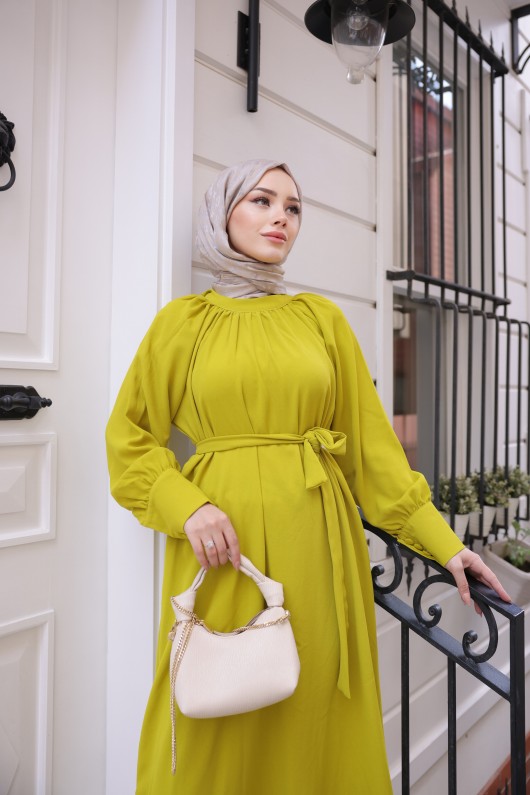 2587 - Kemerli Tesettür Elbise Yağ Yeşili-G2