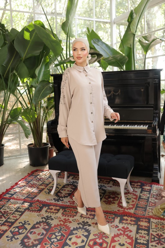 Pantolon Gömlek Tesettür İkili Takım Bej Pantolon Gömlek Tesettür İkili Takım Bej