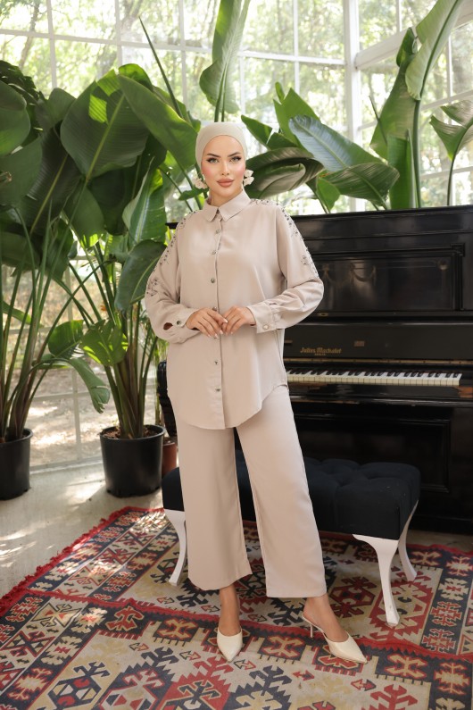 Pantolon Gömlek Tesettür İkili Takım Bej Pantolon Gömlek Tesettür İkili Takım Bej