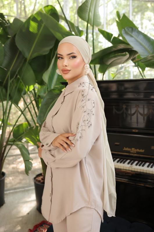 Pantolon Gömlek Tesettür İkili Takım Bej Pantolon Gömlek Tesettür İkili Takım Bej