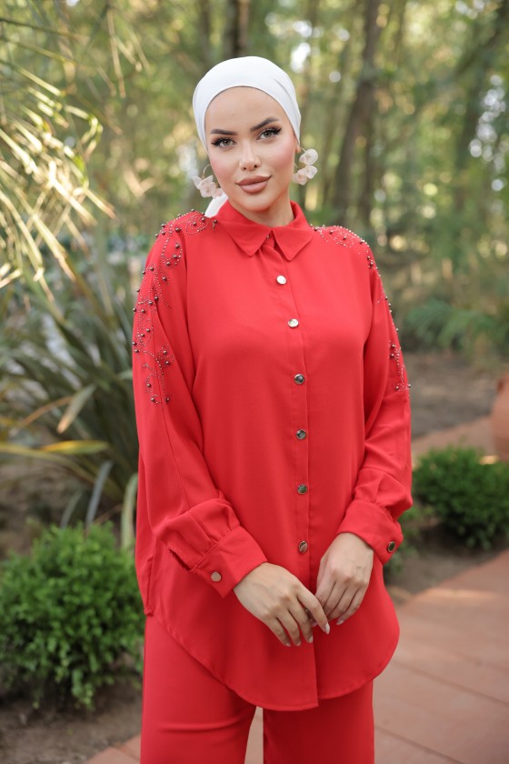10793 - Pantolon Gömlek Tesettür İkili Takım Kirmizi-A4
