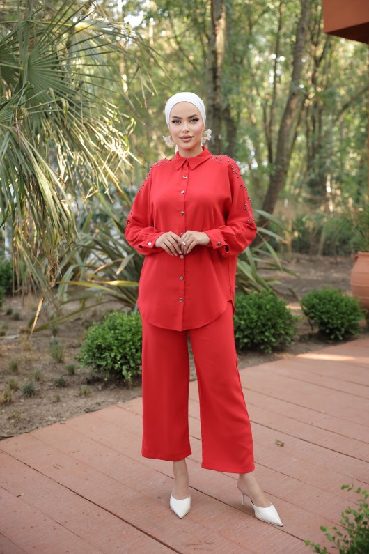 10793 - Pantolon Gömlek Tesettür İkili Takım Kirmizi-A4