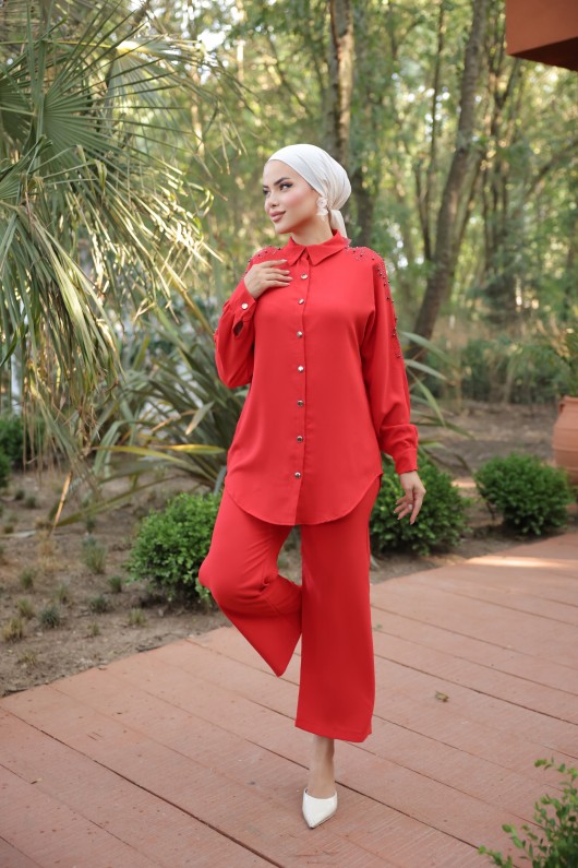 10793 - Pantolon Gömlek Tesettür İkili Takım Kirmizi-A4