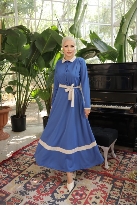 4466 - Yakalı Tesettür Elbise Mavi̇-G5
