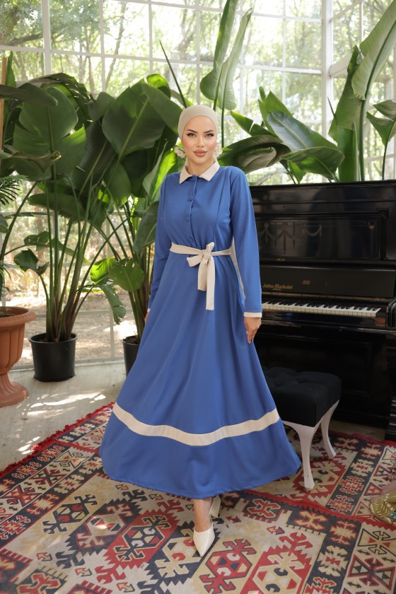 4466 - Yakalı Tesettür Elbise Mavi̇-G5