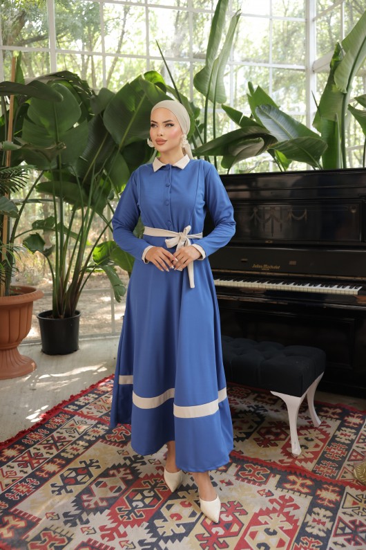 4466 - Yakalı Tesettür Elbise Mavi̇-G5