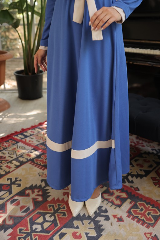 4466 - Yakalı Tesettür Elbise Mavi̇-G5