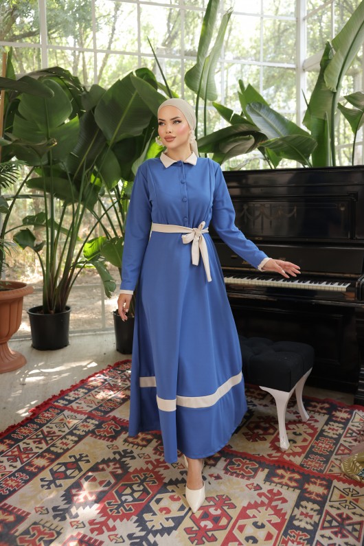 4466 - Yakalı Tesettür Elbise Mavi̇-G5