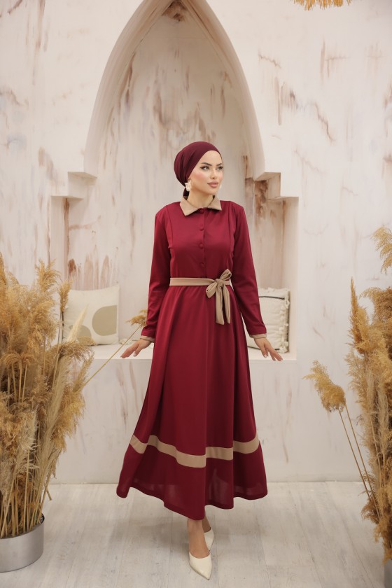4466 - Yakalı Tesettür Elbise Bordo-G5