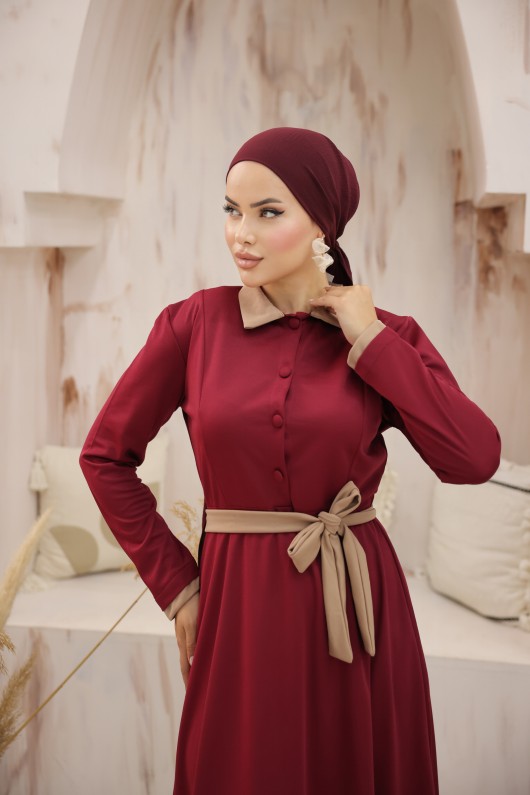 4466 - Yakalı Tesettür Elbise Bordo-G5 4466 - Yakalı Tesettür Elbise Bordo-G5