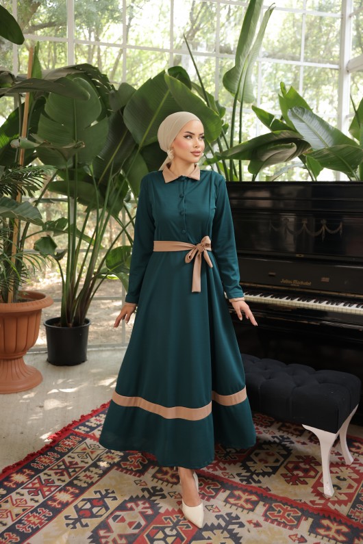 4466 - Yakalı Tesettür Elbise Zümrüt Yeşili-G5