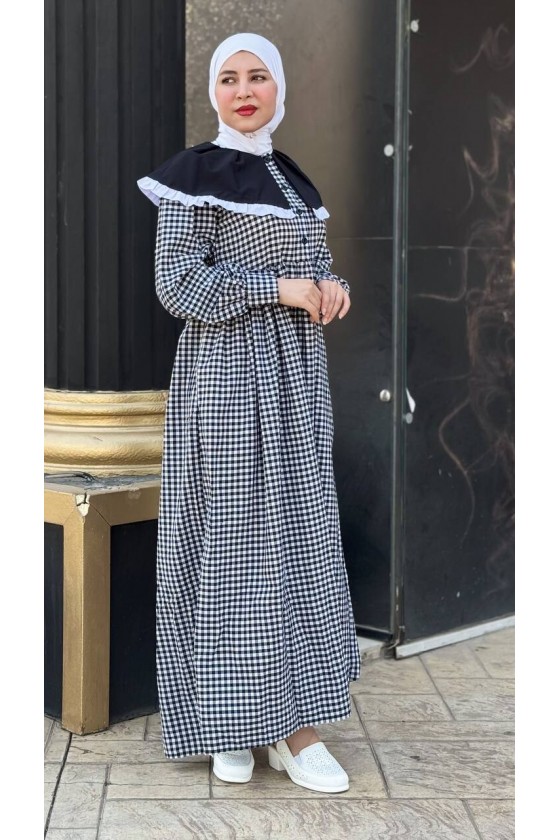 4483 - Kareli Tesettür Elbise Si̇yah-F1